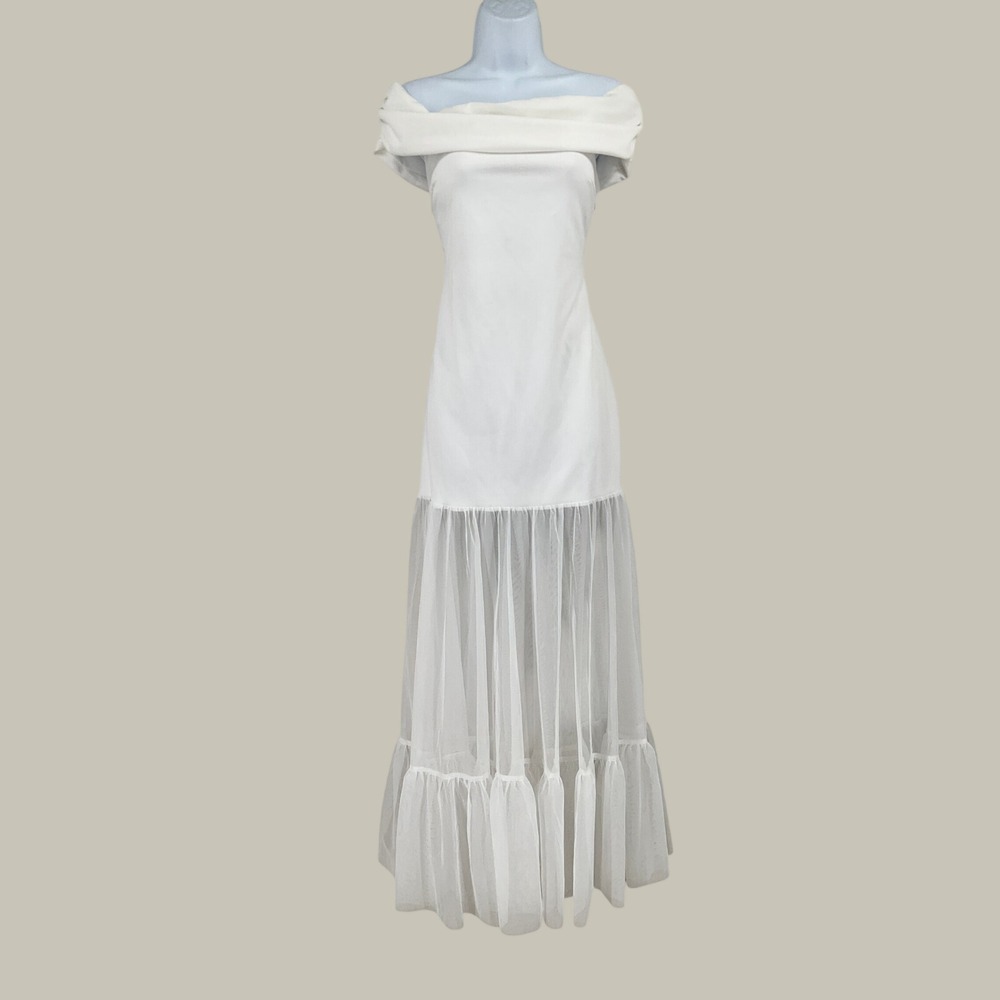 Hello Molly Maxi Dress XL White Off-the-Shoulder Tulle Tiered Coquette Ethereal